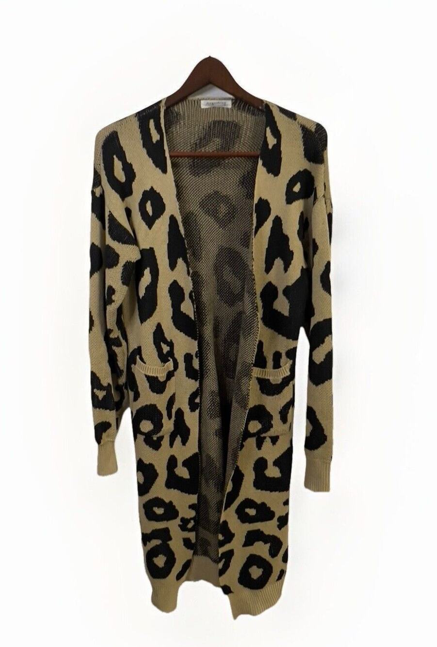 Angashion Women Brown Animal Print Long Cardigan Medium
